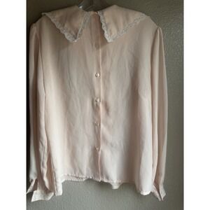 Vintage Cottage Core Top Pink Bib Collar Demure Grandma Victorian Lace‎ Large